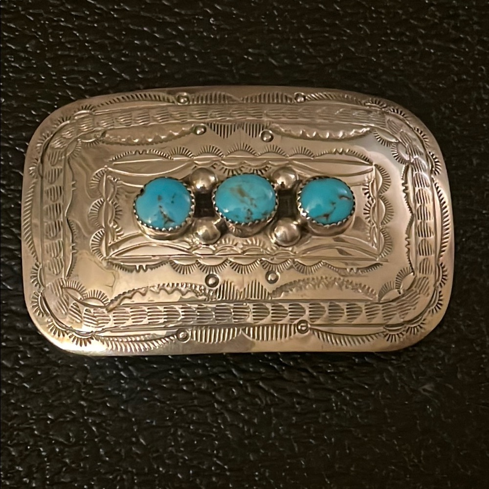 Native American sterling and turquoise belt buckle by Wilbur Myers